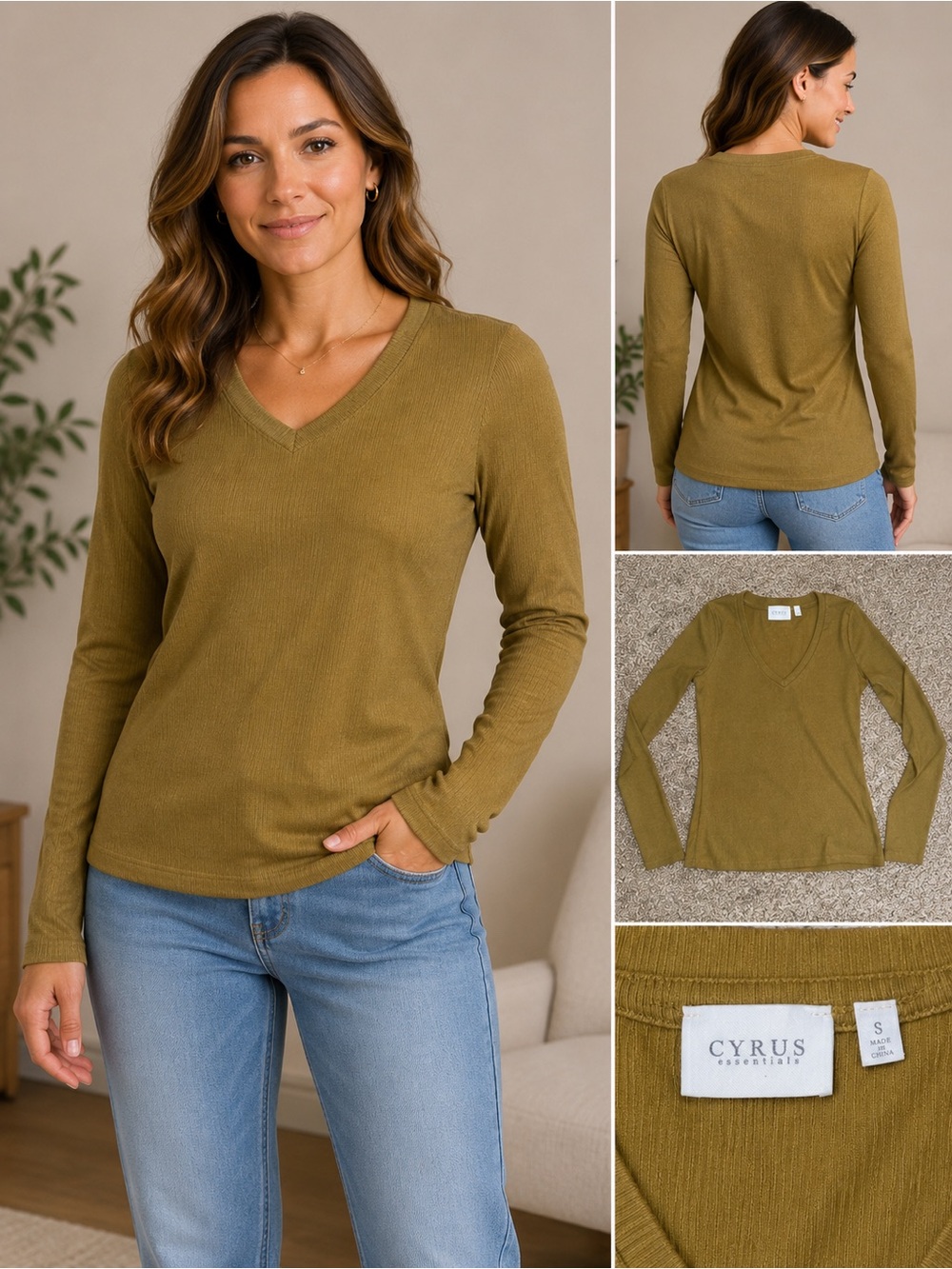Cyrus Olive Ribbed V-Neck Long Sleeve Top
